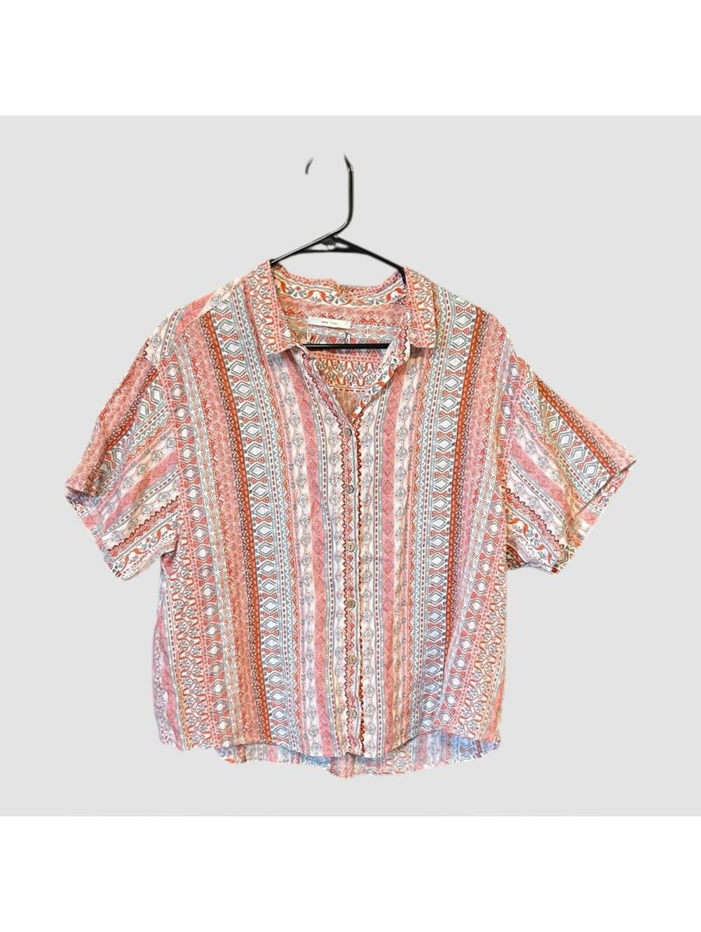 Rachel Zoe Women’s XL* 100% Linen Boho Button Front Short Sleeve Shirt Pink